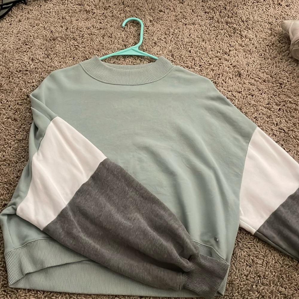 Hollister, teal crewneck sweatshirt with white and grey on sleeve, size M